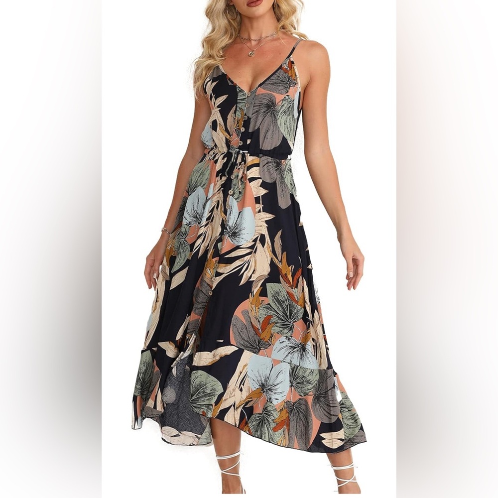 Spaghetti strap v neck drawstring boho midi dress size medium